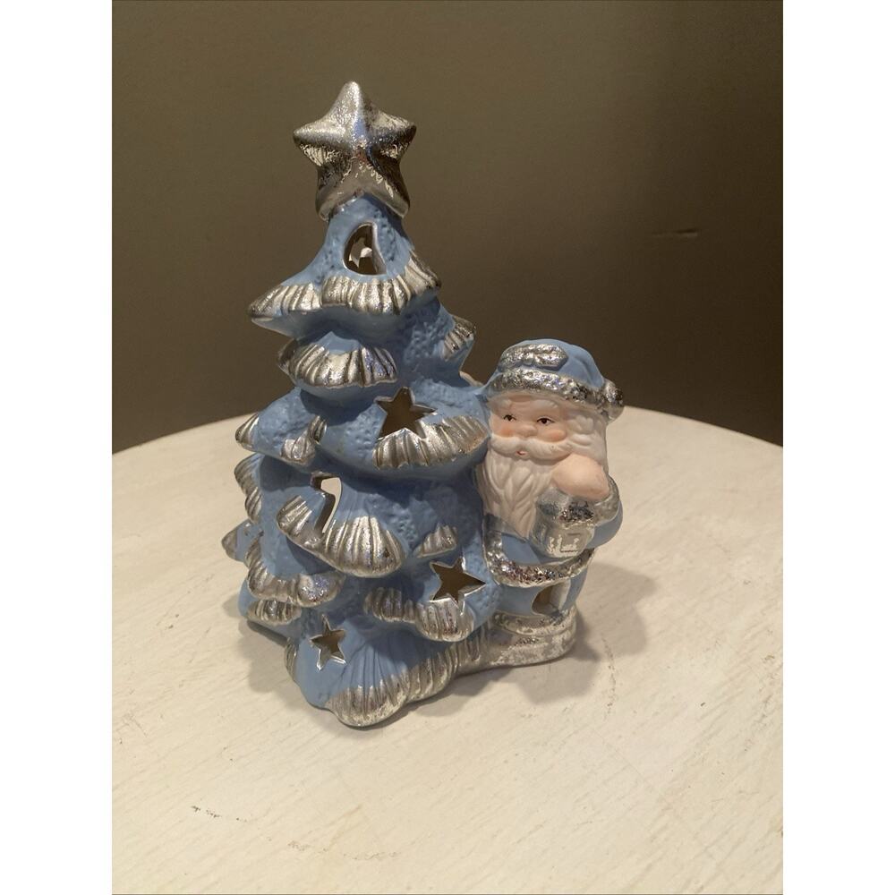 6" Painted‎ Porcelain Santa with Christmas Tree White and Silver Tea Light